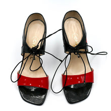 Load image into Gallery viewer, Red and black Chanel heeled sandals
