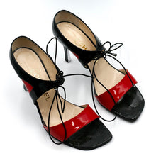 Load image into Gallery viewer, Red and black Chanel heeled sandals
